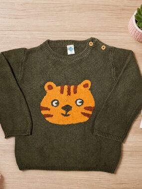 TEX Baby Toddler Olive Green Tiger Knit Sweater Pullover Size 4Y Boys Cozy Winte